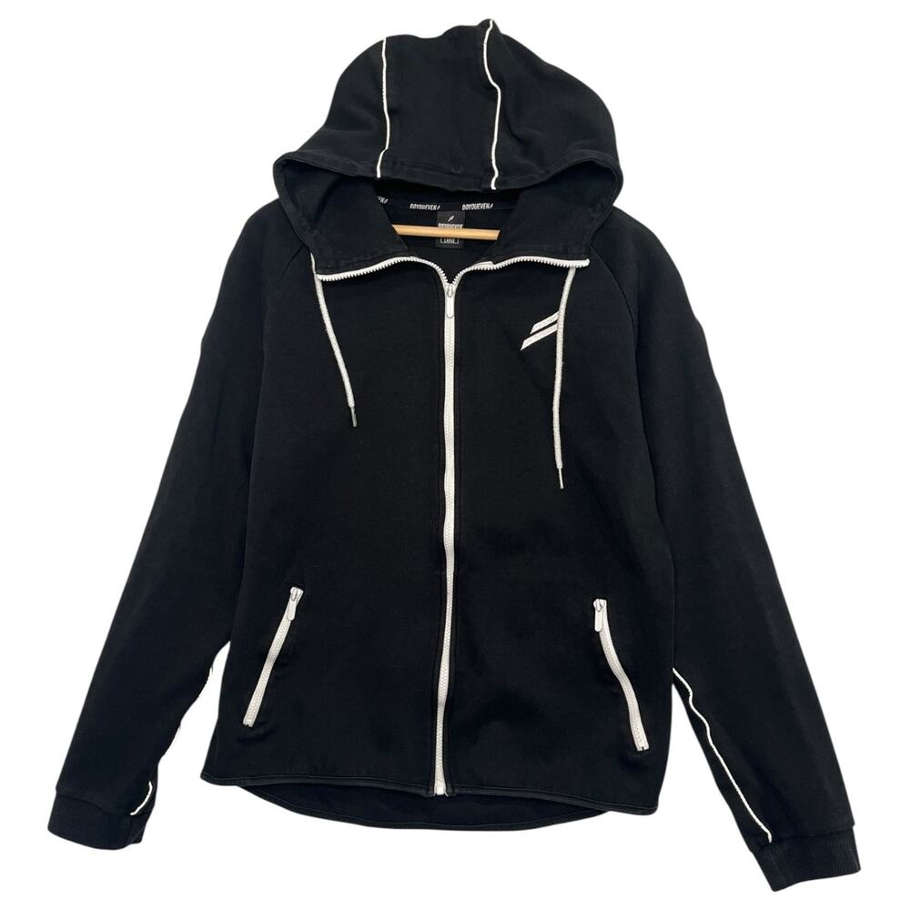 DoYouEven Hoodie Jacket Mens Large Black Zip Up White Trim Athletic Fitness Gym